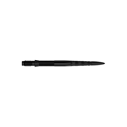 Špičky na šipky Mission R2.5 Rapid Point DSX - černé Abgebildet sind schwarze Dartspitzen mit einer Länge von 30 mm. Die Spitzen liegen parallel zueinander.