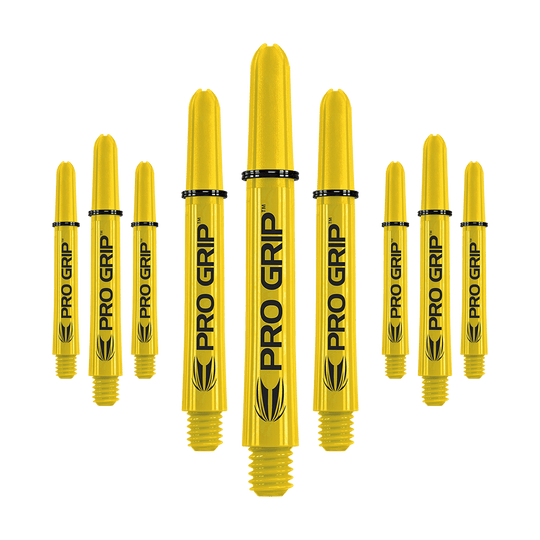 Target Pro Grip Shafts – 3 sady – žlutá Das Bild zeigt mehrere gelbe Dartschäfte mit der Aufschrift "PRO GRIP". Die Schäfte sind in einer Reihe angeordnet und haben ein einheitliches Design.