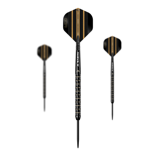 Šipky Mike De Decker MDD Black Gold Steeldarts Das Bild zeigt drei Steeldarts des Modells "Mission Mike De Decker MDD Black Gold". Die Darts sind schwarz-gold gestaltet und besitzen ein modernes, auffälliges Design.
