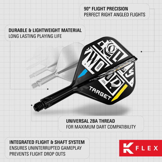 Systém standardní letové hřídele Target K-Flex Chris Dobey No2 Das Bild zeigt das Produkt "Target K-Flex Chris Dobey No2 Standard Flights" für Darts. Es hebt die langlebigen und leichten Materialien, die präzisen 90°-Flüge sowie das integrierte Flight- und Schaftsystem hervor.