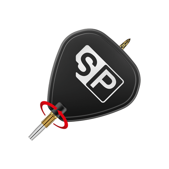 Target Swiss DS Surge Point Dart Tips – zlaté Das Bild zeigt eine schwarze Dartspitze mit der Aufschrift "SP" auf dem Flight. Ein roter Pfeil zeigt eine Drehbewegung an der goldenen Verschraubung der Spitze.