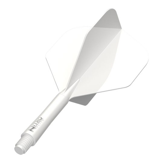 Red Dragon Nitroflite White Shaft White Flights No.2 Das Bild zeigt das Produkt Red Dragon Nitro Flite Solid White and White Intermediate. Ein weißer Dart-Schaft mit weißen Flights ist zu sehen.