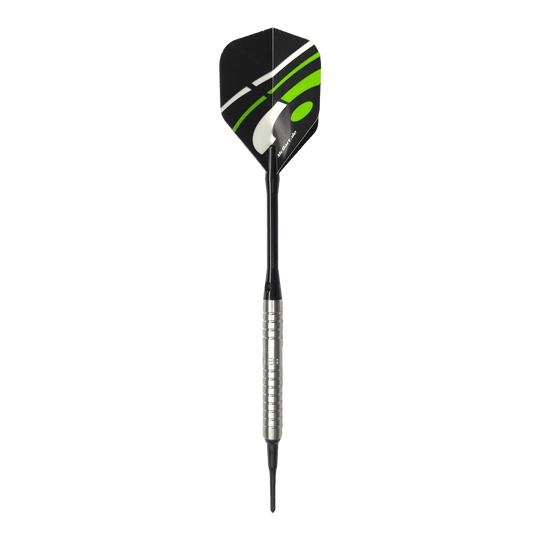 Měkké šipky McDart 85 Tungsten V16 - 16,5 g Das Bild zeigt einen McDart 85er Tungsten V16 Softdart mit einem Gewicht von 16,5g. Der Dart besitzt einen silbernen, gerillten Barrel und schwarze sowie grüne Akzente auf dem Flight.