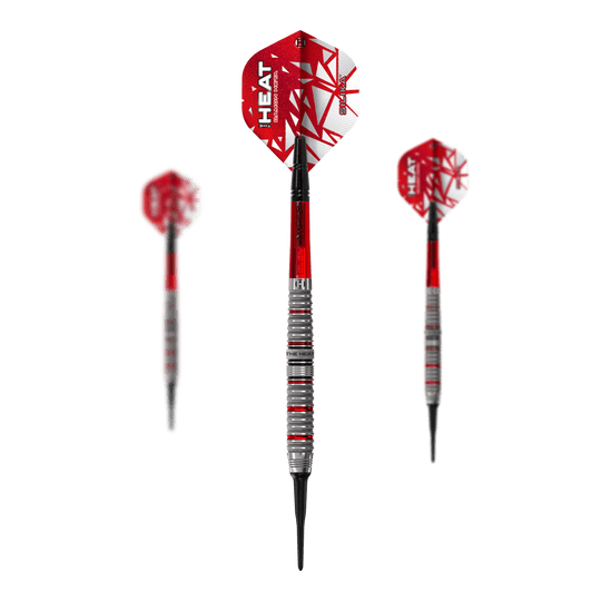 Das Bild stellt das Set Harrows Damon Heta Series 4 Softdarts dar. In diesem Set sind mehrere Softdarts enthalten.