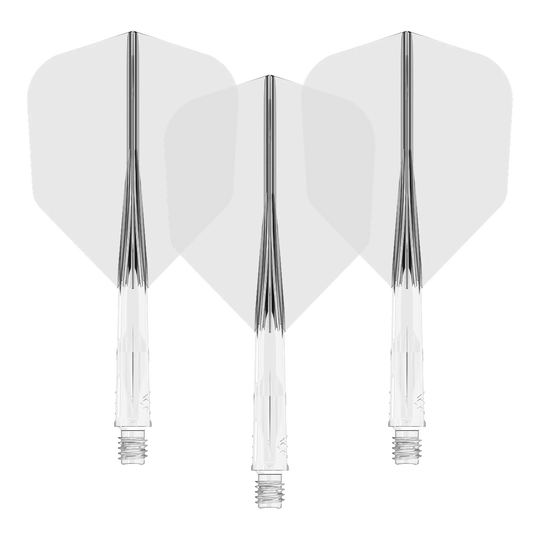 Auf dem Bild sind drei klare Dart-Flights mit passenden transparenten Schäften zu sehen. Sie sind nebeneinander angeordnet und zeigen eine einheitliche, schlichte Optik.