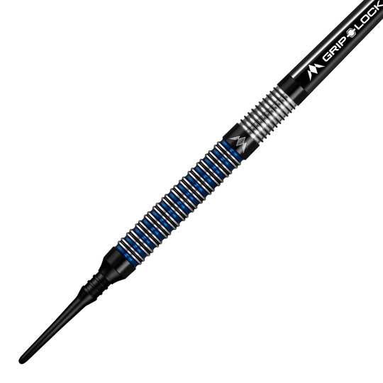 Měkké šipky Mission Nightfall Model 1 Das Bild zeigt einen Mission Nightfall Model 1 Softdart mit einem schwarzen und blauen Ringdesign am Griff. Der Dart besitzt eine feine Riffelung für besseren Halt und eine schwarze Softspitze.
