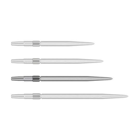 Cílové hroty Swiss Point Nano Dart - Stříbrné Auf dem Bild sind vier silberne Dartspitzen in einer Reihe zu sehen. Sie liegen nebeneinander und sind identisch in Form und Größe.
