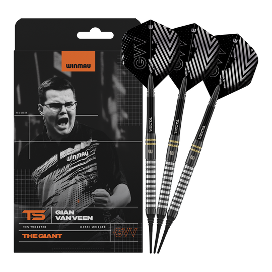Winmau Gian Van Veen TS měkké šipky - 18g Winmau Gian Van Veen TS Softdarts mit 18g werden komplett dargestellt. Alle drei Darts sind zusammen zu sehen.