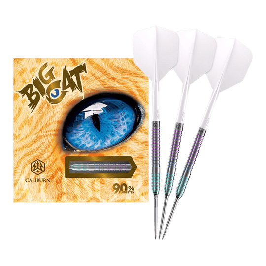 Caliburn Big Cats Ozelot Steeldarts mit einem Gewicht von 23g. Das Bild zeigt die gesamte Länge des Dartpfeils.