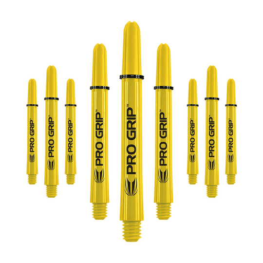 Target Pro Grip Shafts – 3 sady – žlutá Das Bild zeigt neun gelbe Dartschäfte mit der Aufschrift "PRO GRIP". Sie sind in drei Reihen angeordnet und haben schwarze Ringe zur Befestigung.