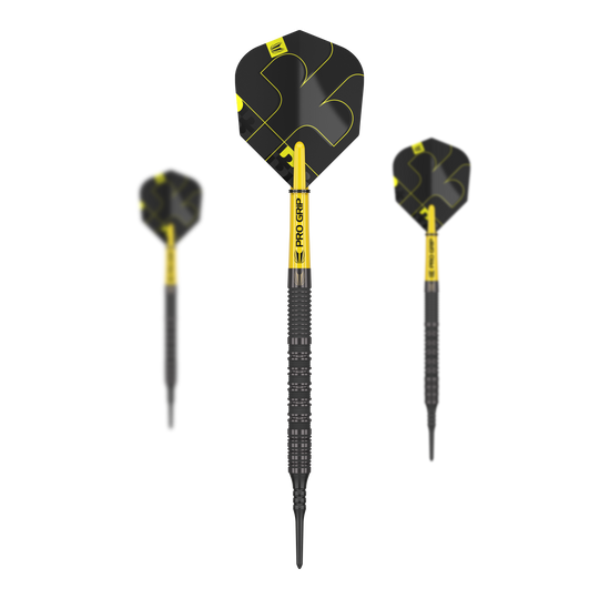 Target Bolide Void 10 měkkých šipek Das Bild zeigt drei Softdarts des Produkts "Target Bolide Void 10". Die Darts sind schwarz-gelb gestaltet und haben den Schriftzug "PRO GRIP" auf dem Schaft.