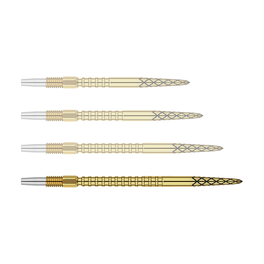 Target Swiss DS Surge Point Dart Tips – zlaté Das Bild zeigt vier goldene Dartspitzen mit einem silbernen Gewinde. Die Spitzen haben ein schwarz eingraviertes Rautenmuster.