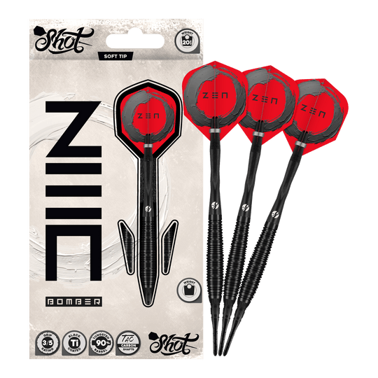 Měkké šipky Shot ZEN Bomber - 20g Zu sehen sind die Shot ZEN Bomber Softdarts - 20g. Sie zeichnen sich durch ihre spezielle Form und das ansprechende Aussehen aus.