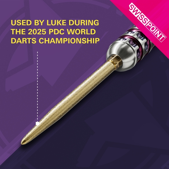 Špičky na šipky Target Swiss Point SLK - zlaté Auf dem Bild ist die goldene Target Swiss Point SLK Dartspitze zu sehen. Im Text wird hervorgehoben, dass sie von Luke während der PDC Darts-Weltmeisterschaft 2025 benutzt wurde.