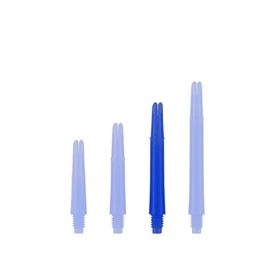 L-tvarované L-hřídele, rovné, zajištěné - modré Auf dem Bild sind vier blaue, gerade Dartschäfte in unterschiedlichen Längen zu sehen. Sie stehen aufrecht nebeneinander auf weißem Hintergrund.
