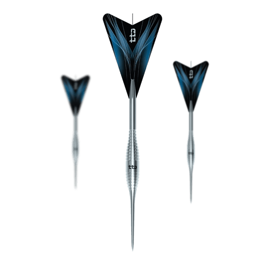 Das Bild zeigt die Caliburn TTD Complete Titanium T2 Silver Steeldarts - 6g als Set. Es handelt sich um hochwertige Steeldarts aus Titan mit einem Gewicht von 6 Gramm.