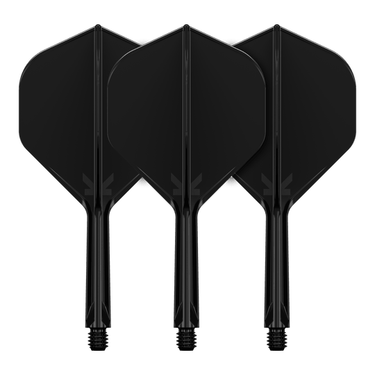 Standardní letový systém Target K-Flex No2 - černý Das Bild zeigt drei schwarze Dartflights mit integrierten Schäften. Sie sind nebeneinander angeordnet und haben ein schlichtes, einfarbiges Design.