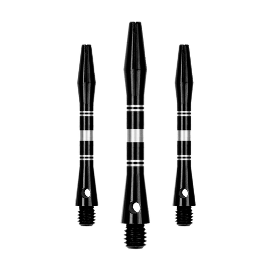 Dieses Bild zeigt ein Set von Aluminium Shafts in Schwarz und Silber. Mehrere Komponenten des Sets sind sichtbar dargestellt.