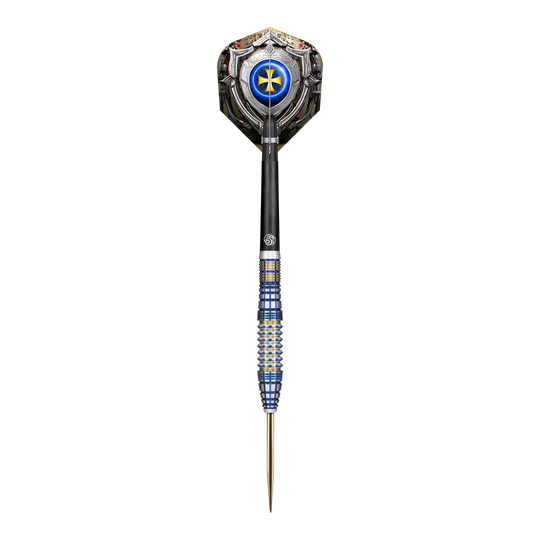 Das Bild zeigt einen Steeldartpfeil mit einem blauen und silbernen Design. Es handelt sich um das Produkt "Shot Future Knights Darkstar Steeldarts - 23g".