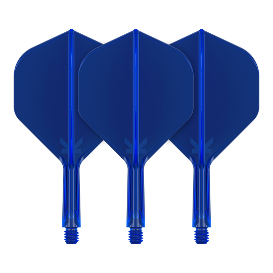 Standardní letový systém Target K-Flex No2 - modrý Auf dem Bild sind drei blaue Dart-Flights zu sehen. Sie stehen nebeneinander und haben eine standardmäßige Form.