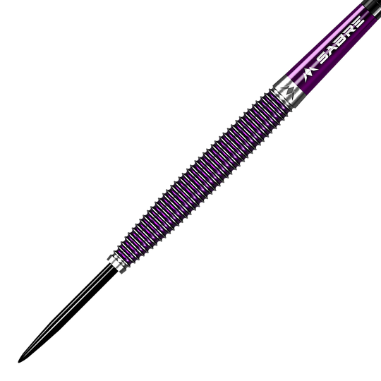 Der abgebildete Dartpfeil ist der "Mission Chloe OBrien Electro Purple Steeldarts - 23g". Er hat ein elegantes, geriffeltes Design in Lila mit silbernen Akzenten.