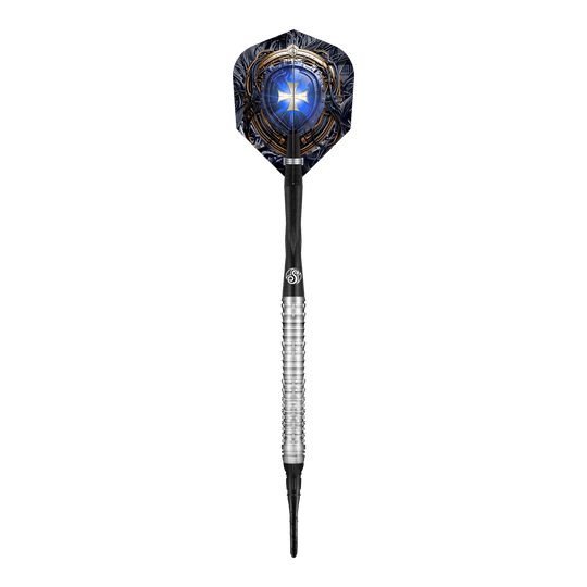 Das Bild zeigt einen Shot Future Knights Ironsoul Softdart mit einem Gewicht von 20g. Der Dart hat ein silbernes Griffstück und eine auffällige Flight-Grafik mit einem blauen, leuchtenden Motiv.