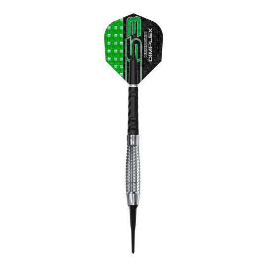 Měkké šipky Harrows Dimplex S3 Bomb Das Bild zeigt einen Harrows Dimplex S3 Bomb Softdart. Der Dart hat eine schwarze und grüne Flight sowie einen silbernen, geriffelten Barrel.