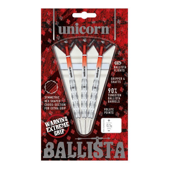 Ocelové šipky Unicorn Ballista Style 1 Das Bild zeigt die "Unicorn Ballista Style 1 Steeldarts" in ihrer Verpackung. Die Darts haben einen extremen Grip und bestehen zu 90% aus Tungsten.