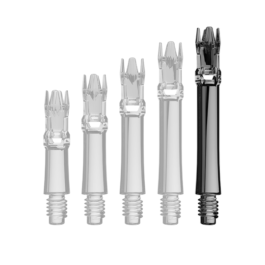 Das Bild zeigt eine transparente Ersatzshaft in Schwarz. Die Shaft ist schlank und wird von oben präsentiert.