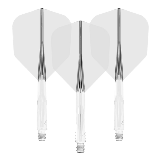 Systém letové hřídele Mission Force 90 No6 - Čirý Das Bild zeigt drei durchsichtige Dartschäfte mit weißen Flights. Sie sind nebeneinander in einer Reihe angeordnet.