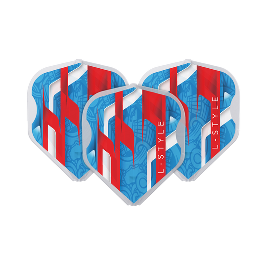 Das Bild zeigt drei Dart-Flights mit einem auffälligen roten, weißen und blauen Design. Auf jedem Flight steht der Schriftzug "L-STYLE".