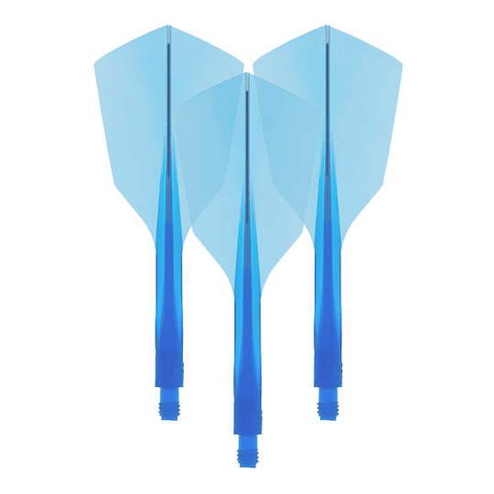 Das Bild zeigt drei blaue Dart-Flights mit integriertem Schaft. Es handelt sich um das Produkt "Condor Axe 120 Flight-System Clear Blue - Narrow".