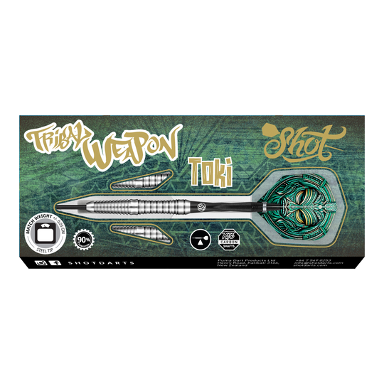 Das Bild zeigt die Verpackung der Shot Tribal Weapon Toki Steeldarts. Auf der Verpackung sind ein Dartpfeil sowie das Tribal-Design und Produktinformationen abgebildet.