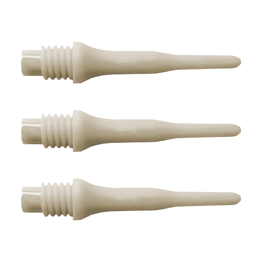 Das Bild zeigt drei weiße Kunststoffspitzen für Soft-Darts. Es handelt sich um das Produkt "Bulls Tefo X Spitzen (100er Pack)".