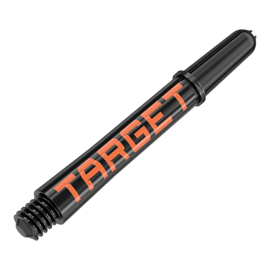 Násadky Target Pro Grip TAG - 3 sady - černo-oranžové Das Bild zeigt einen schwarzen Dartshaft mit orangefarbener Aufschrift "TARGET". Der Shaft ist aus Kunststoff und hat ein Schraubgewinde am unteren Ende.