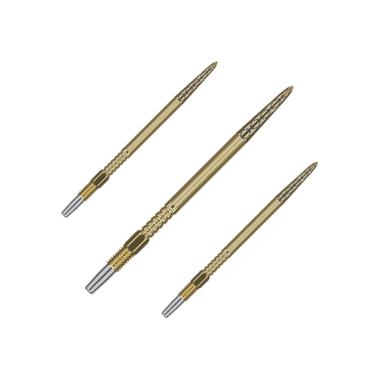 Targetové hroty na šipky Swiss Point DX - zlaté Auf dem Bild sind drei goldene Dartspitzen zu sehen. Sie haben ein feines Rillenmuster und silberne Enden.