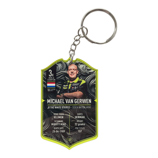 Ultimate Darts Card Keychain - Michael Van Gerwen Ultimate Darts Card Schlüsselanhänger - Michael Van Gerwen ist zu sehen. Der Schlüsselanhänger zeigt ein Motiv des berühmten Dartspielers Michael Van Gerwen.