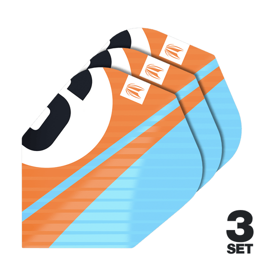 Letenky Target Pro Ultra Chicane Orange No6 – 3 sady Das Bild zeigt drei Sets von Target Pro Ultra Chicane Orange No6 Flights für Dartpfeile. Die Flights sind in Orange, Blau und Schwarz gestaltet und tragen das Target-Logo.