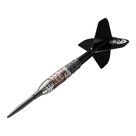 Ocelové šipky Target Japan Charis GEN6 Swiss Point - 23g Die Target Japan Charis GEN6 Swiss Point Steeldarts - 23g werden hier abgebildet. Man erkennt das schlanke Barrel und die präzise Verarbeitung.