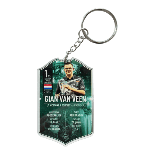 Ultimate Darts Card Schlüsselanhänger - Gian Van Veen ist abgebildet. Es handelt sich um einen Schlüsselanhänger mit dem Bild des Dartspielers Gian Van Veen.