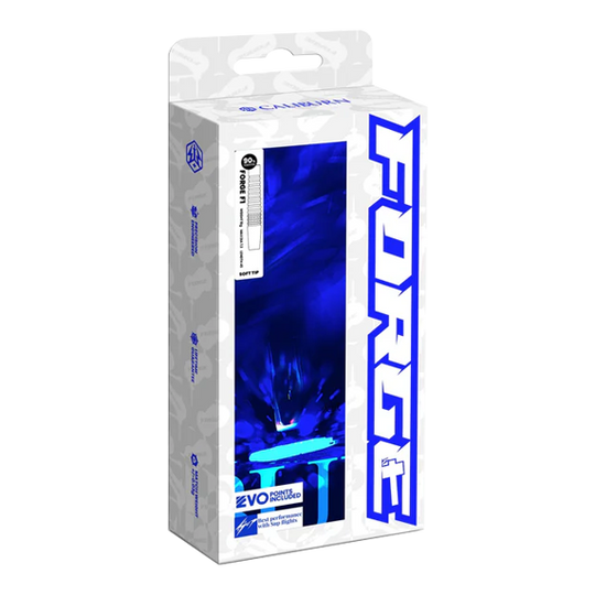 Ocelové šipky Caliburn Forge F3 - 22g Die Abbildung zeigt die Verpackung der „Caliburn Forge F3 Steeldarts - 22g“. Die Box ist überwiegend weiß mit blauen Akzenten und großem „FORGE“-Schriftzug an der Seite.