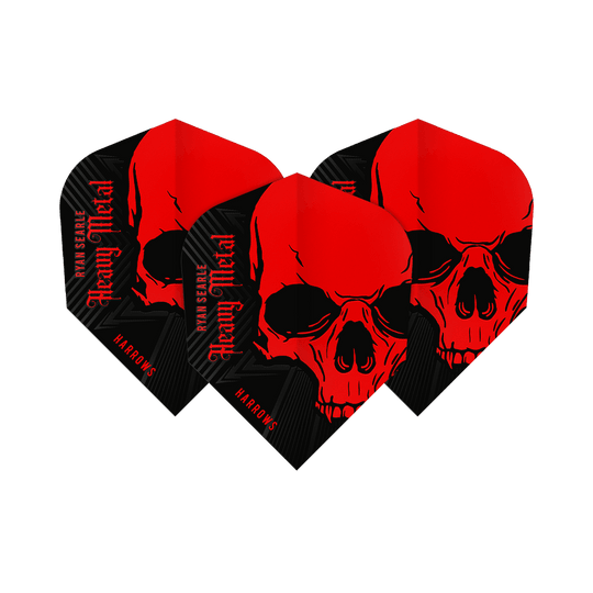 Harrow's Ryan Searle Heavy Metal No6 Flights Das Bild zeigt die Harrows Ryan Searle Heavy Metal No6 Flights. Die Flights sind schwarz und rot gestaltet und zeigen einen auffälligen Totenkopf mit dem Schriftzug "Heavy Metal".