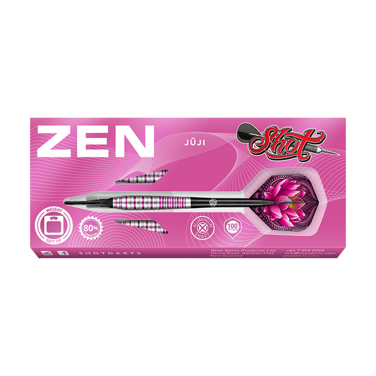 67149_Shot_ZEN_Juji_Softdarts_3 Die Verpackung zeigt ein Set von ZEN Juji Softdarts in kräftigem Pink mit einem Lotusblumen-Motiv. Auf der Packung sind Informationen zu Gewicht, Material und der Marke Shot sichtbar.
