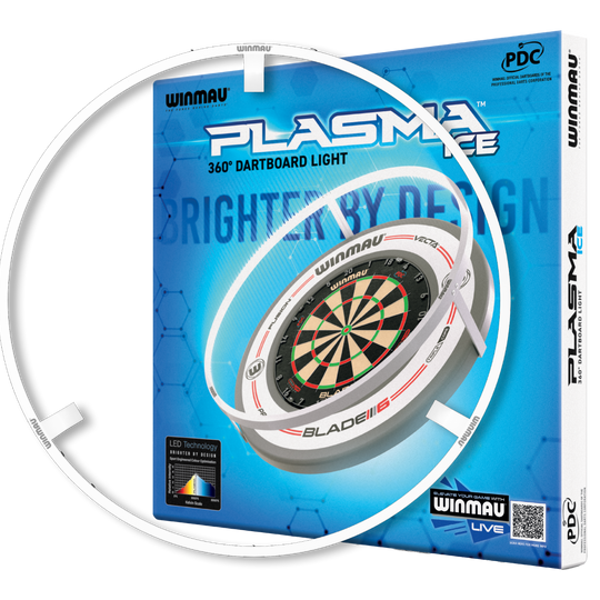 BALÍČEK Winmau Plasma Ice LED osvětlení a prostorový zvuk Das Bild zeigt das Produkt "Winmau Plasma Ice LED Beleuchtung und Surround Bundle". Auf der Verpackung ist ein beleuchteter Dartboard-Ring mit dazugehörigem Dartboard abgebildet.