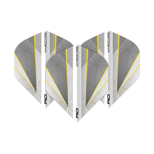 Das Bild zeigt drei Dart-Flights des Produkts "Red Dragon Hardcore Seren Pure No2 Standard Flights". Die Flights sind grau mit weißen und gelben Linien und tragen die Aufschrift "HARDCORE".