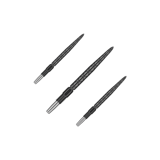 Zaměřte hroty šipek Swiss Diamond Pro Black Points Das Bild zeigt drei schwarze Dartspitzen mit silbernem Ende. Die Spitzen haben ein Rautenmuster und sind nebeneinander angeordnet.