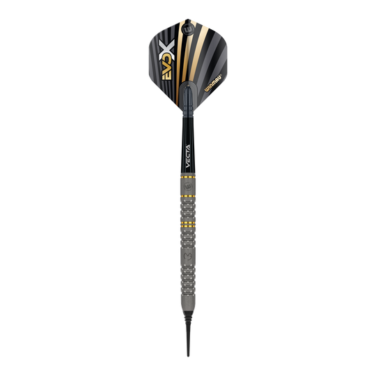 Winmau Michael Van Gerwen Evo-X měkké šipky - 20g Das Bild zeigt einen Winmau Michael Van Gerwen Evo-X Softdart mit einem Gewicht von 20g. Der Dart hat ein modernes Design mit schwarz-goldenen Akzenten und einer strukturierten Griffzone.