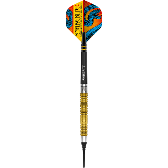 Šipky Red Dragon Peter Wright Double World Champion SE Gold Plus Softdarts - 20g Das Bild zeigt einen Softdart mit goldfarbenem Griff und bunter Spitze. Auf dem Flight steht "Snakebite Double World Champion" und es ist ein blauer Drache abgebildet.