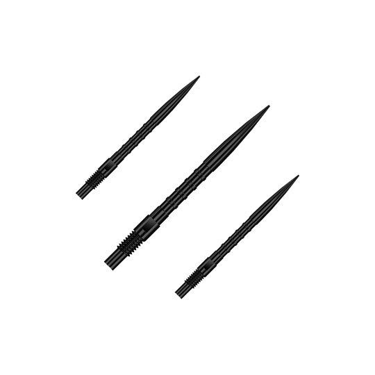 Špičky na šipky Harrows Quick Point Heavy Metal - černé Zu sehen ist QP33164 Harrows Quick Point HeavyMetalGrip Dartspitzen Schwarz 26mm 1Set. Es handelt sich um schwarze Ersatz-Dartspitzen mit speziellem Grip.
