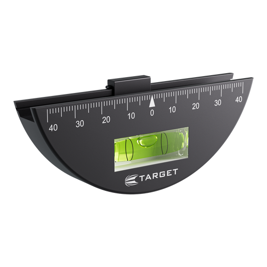 Das Bild zeigt das Produkt "Target COG Centre Of Gravity Schwerpunkt Tool". Es handelt sich um ein halbkreisförmiges Messwerkzeug mit einer integrierten Wasserwaage und einer Skala zur Bestimmung des Schwerpunkts.